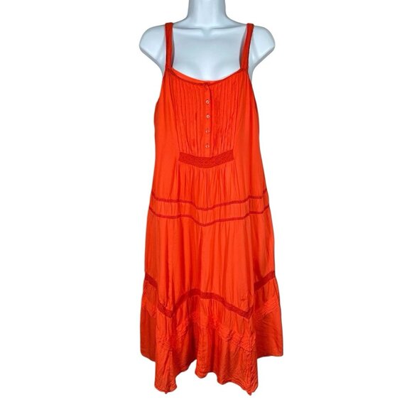 Old Navy Coral Orange Midi Dress w/ Slip M Pintuck Pleat Embroidery Boho Peasant - Picture 1 of 16